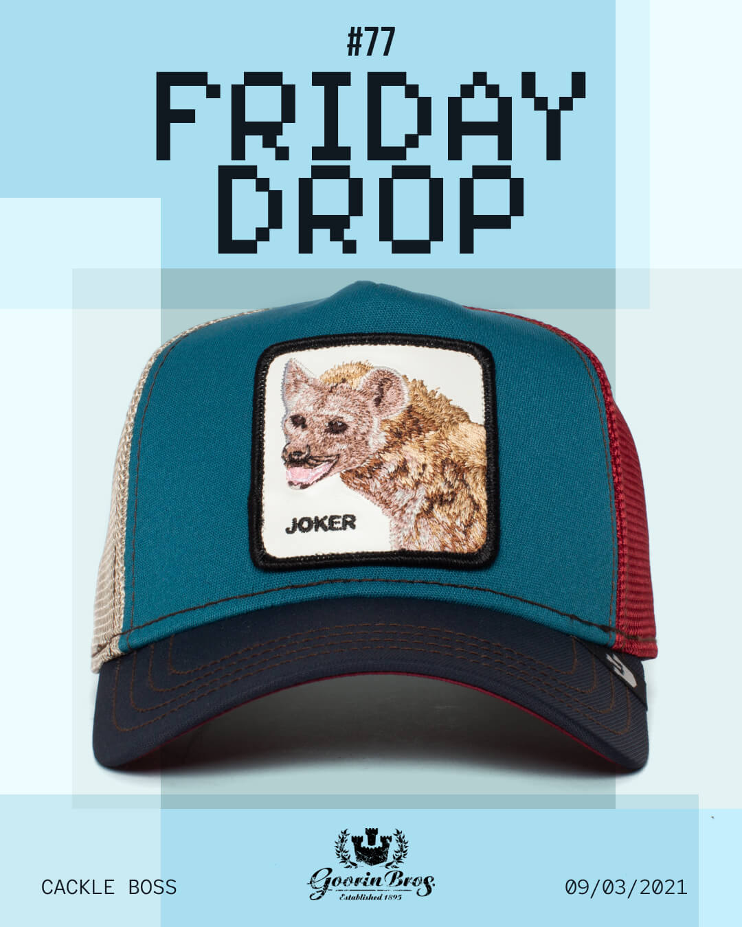 A teal and beige trucker hat with a front patch featuring a hyena and the word JOKER, displayed under the text Friday Drop #77. Part of our bold hat designs collection crafted for those who appreciate durable hats with standout style.