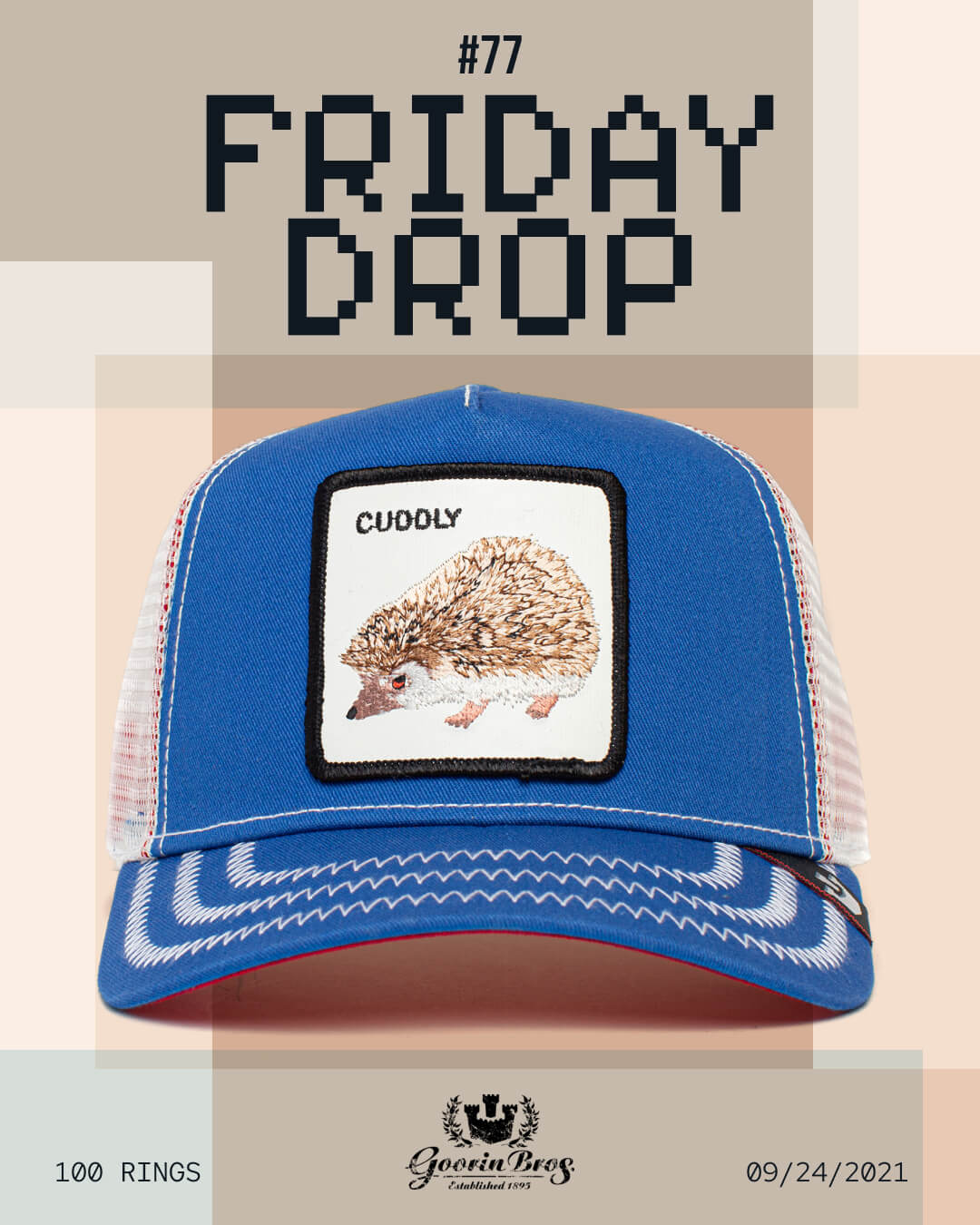 A blue and white Goorin trucker hat with a patch showing a hedgehog and the word CUDDLY is featured, highlighting bold hat designs with text announcing FRIDAY DROP and the date 09/24/2021.