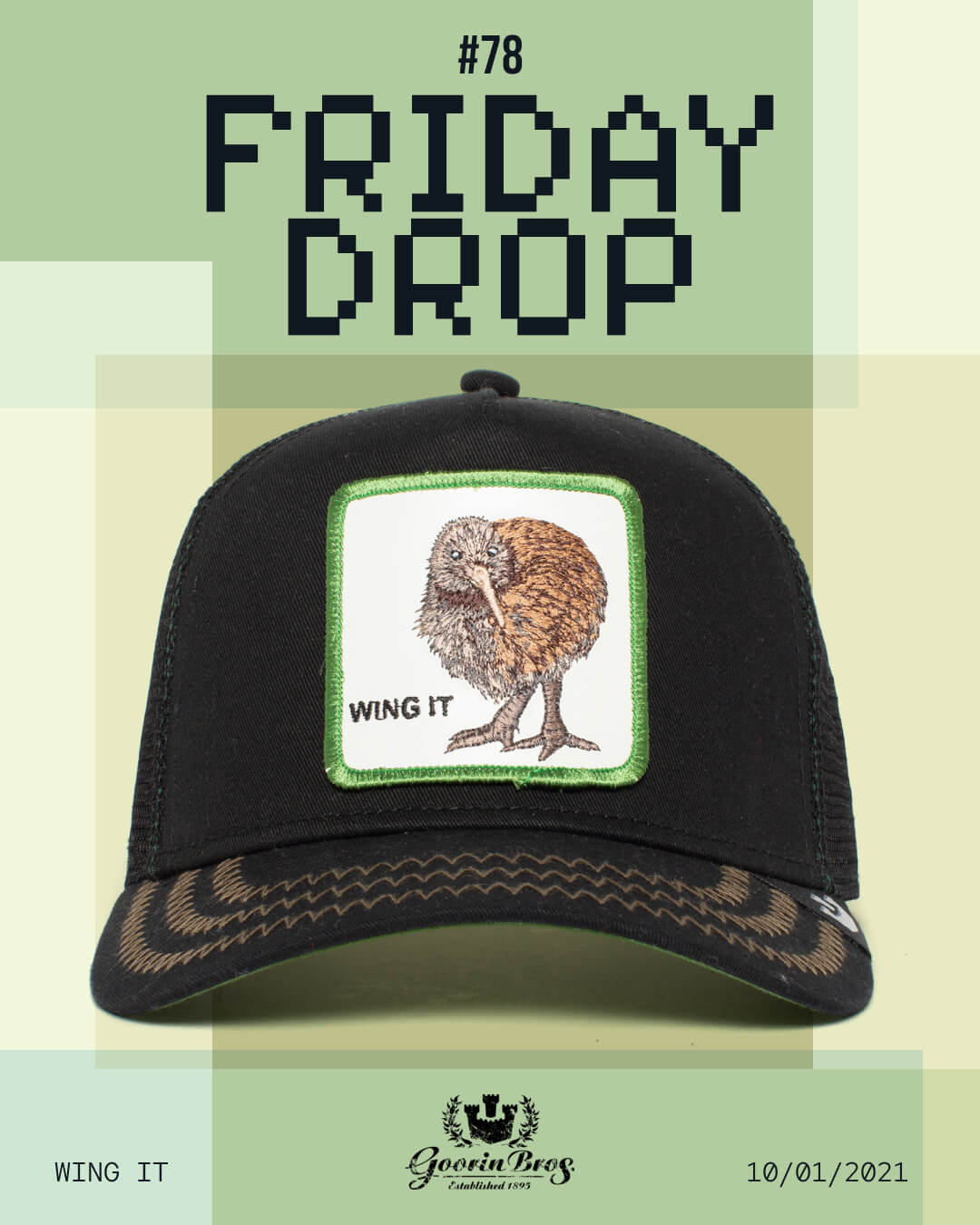 A black trucker hat with a patch featuring a brown bird labeled WING IT, displayed against a green geometric background with the text FRIDAY DROP #78. Stand out with bold hat designs and durable hats perfect for any adventure.