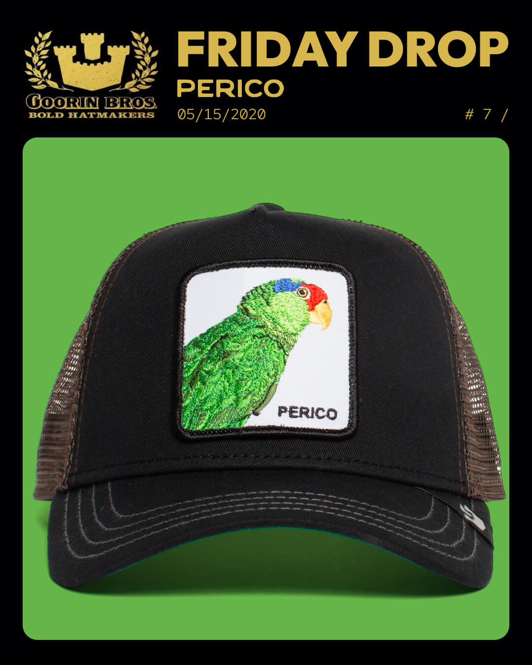 A black and brown mesh Goorin trucker hat with a front patch featuring an embroidered green parrot and the word PERICO on a green background.