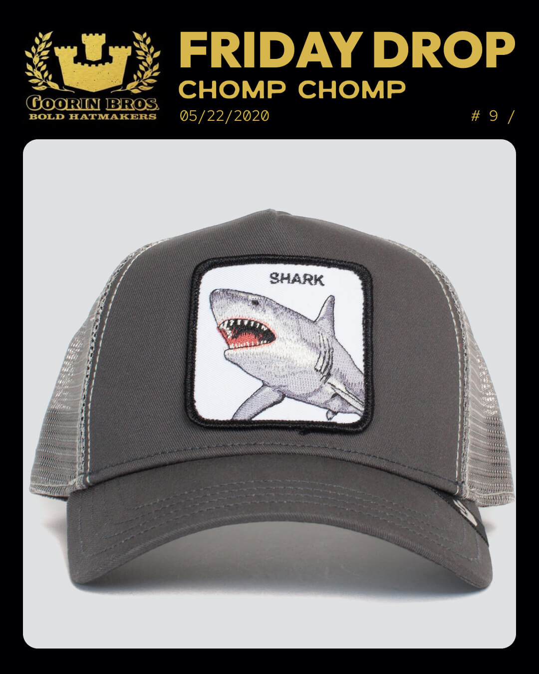 Gray mesh baseball cap with a front patch featuring an embroidered shark and the word SHARK. This durable hat was presented as a Friday Drop by Goorin Bros. on 05/22/2020.