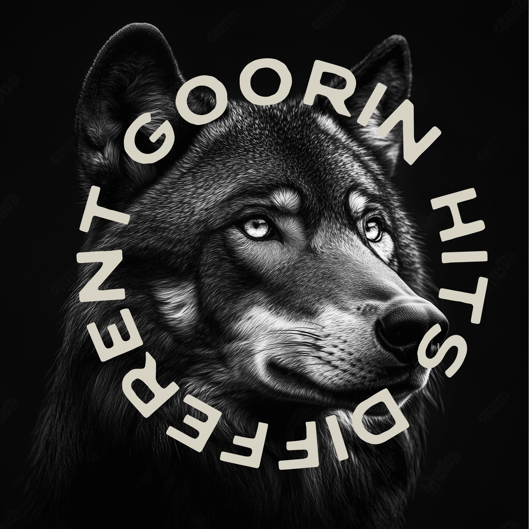 A realistic illustration of a wolf's head is surrounded by bold, curved text reading GOORIN HITS DIFFERENT on a black background, capturing the edgy spirit of American made bold hat designs.