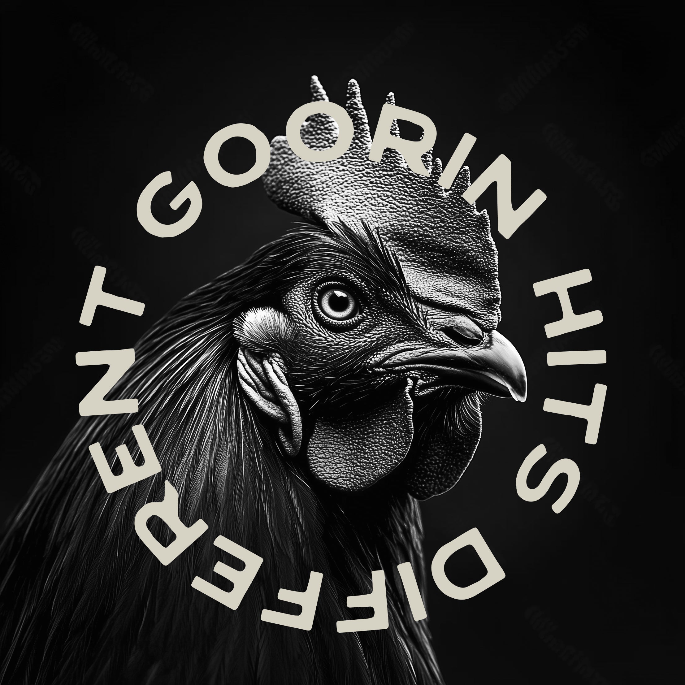 A realistic black and white illustration of a rooster with the text “GOORIN HITS DIFFERENT” encircling its head on a dark background, celebrating durable hats and iconic American made style.