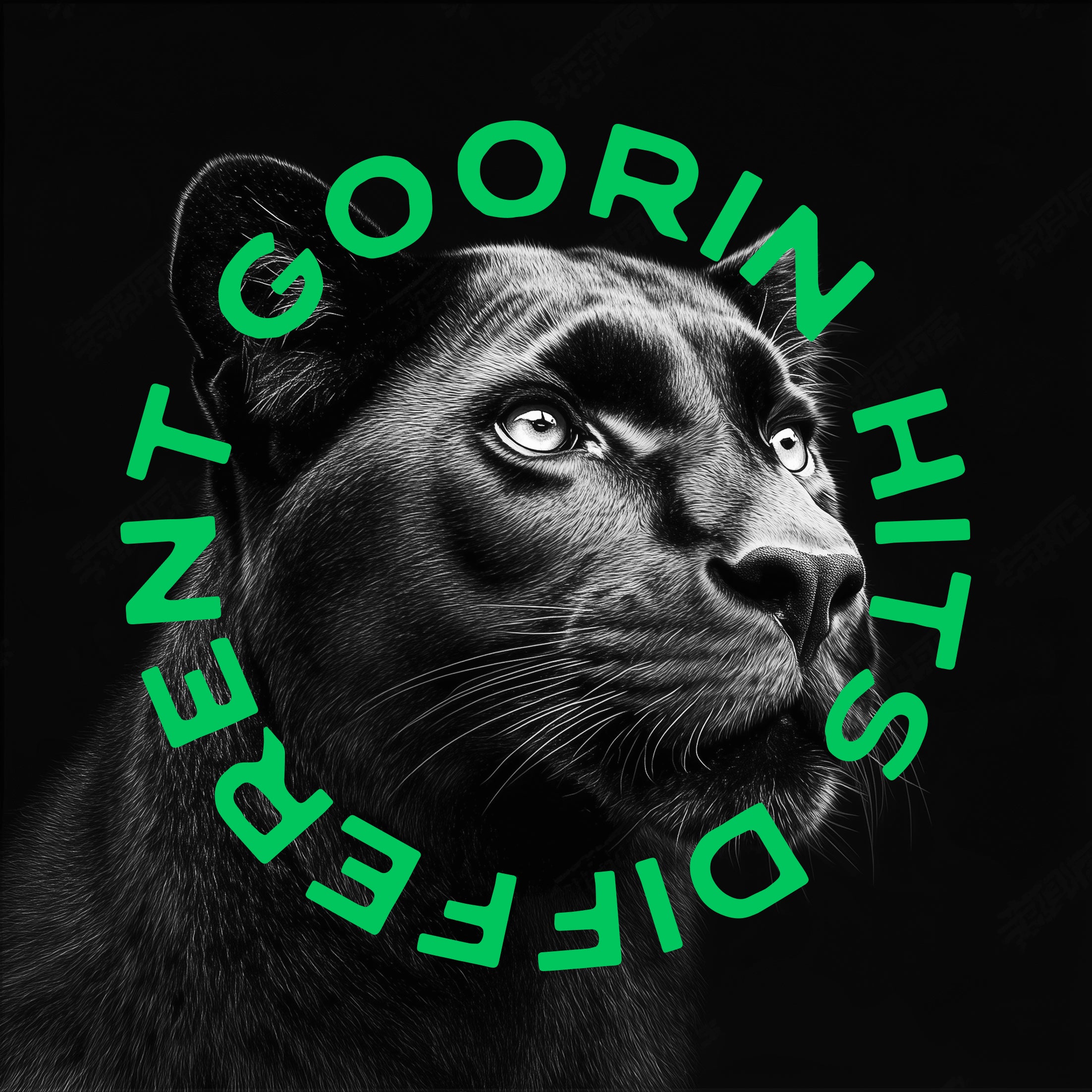 A realistic black panther on a black background with bold green text reading GOORIN HITS DIFFERENT in a circular layout around its head, capturing the spirit of American made trucker hats.