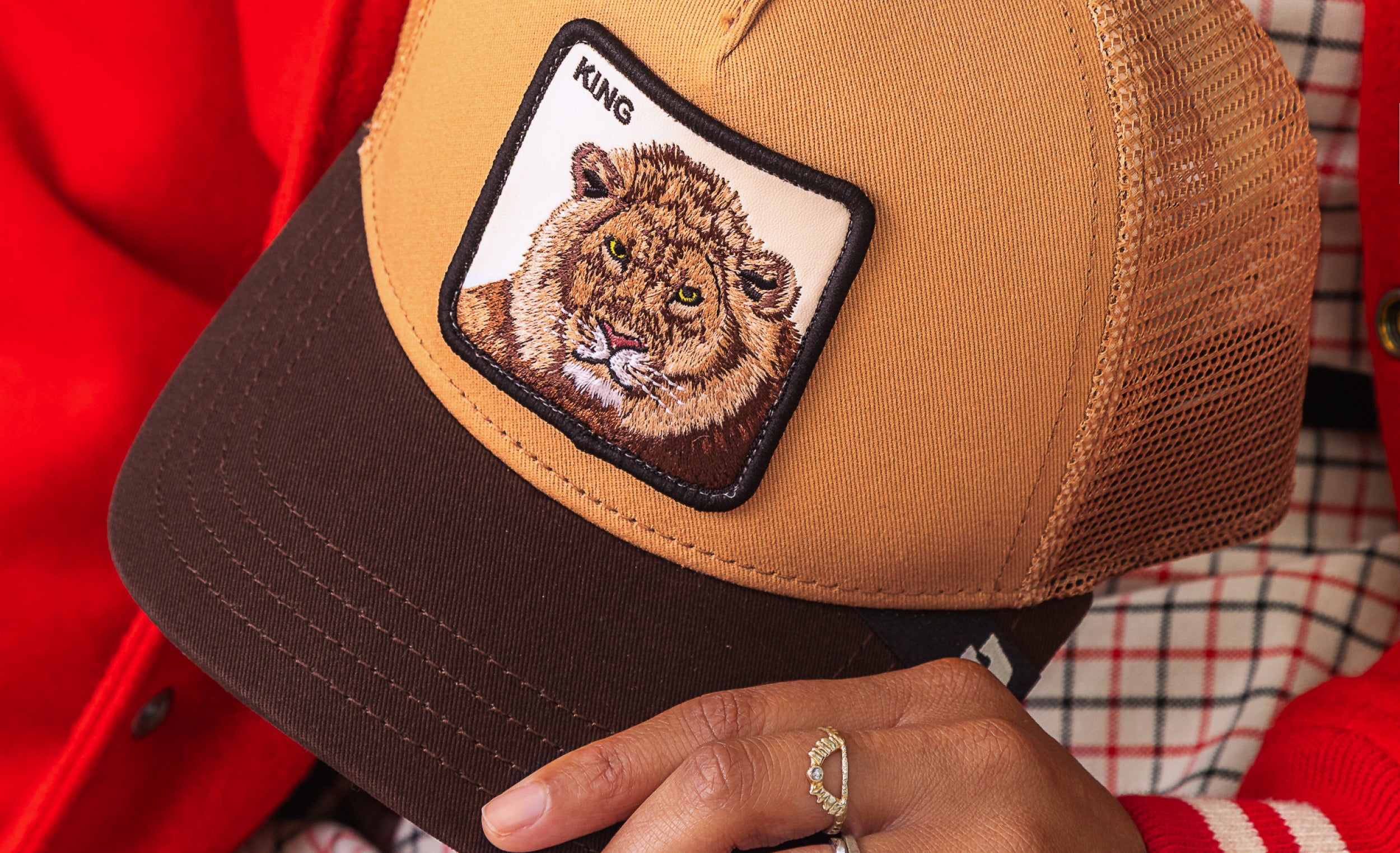Brown and black cap with a lion patch held by a person wearing a red jacket.