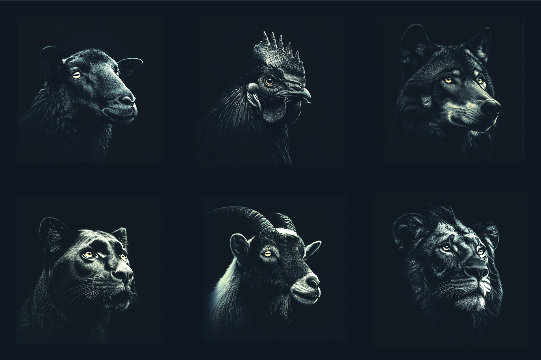 Six square portraits feature a black sheep, rooster, wolf, panther, goat, and lion against a dark background, each animal facing slightly to the right—classic icons often seen on Goorin trucker hats.