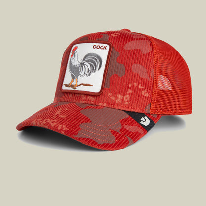 Crafted by Goorin Bros., the Rooster Camo is a red camouflage trucker hat featuring mesh panels, a classic silhouette, and a bold front patch with a rooster and the word “COCK,” making it a standout accessory for any casual outfit.