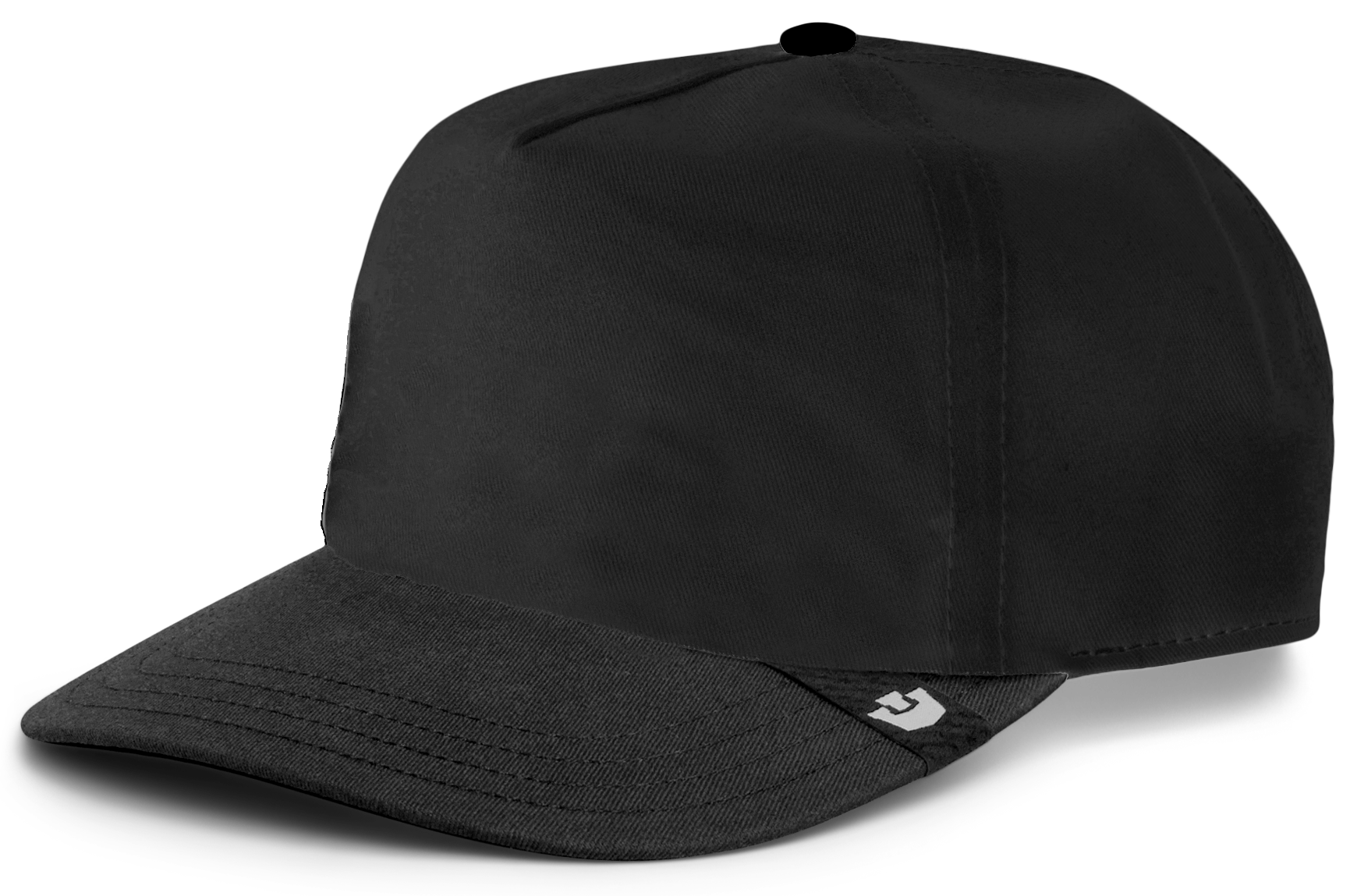 A plain black baseball cap with a curved brim, shown against a white background. A small, white logo is visible on the side near the brim, making it a stylish choice for those seeking durable hats for everyday wear.