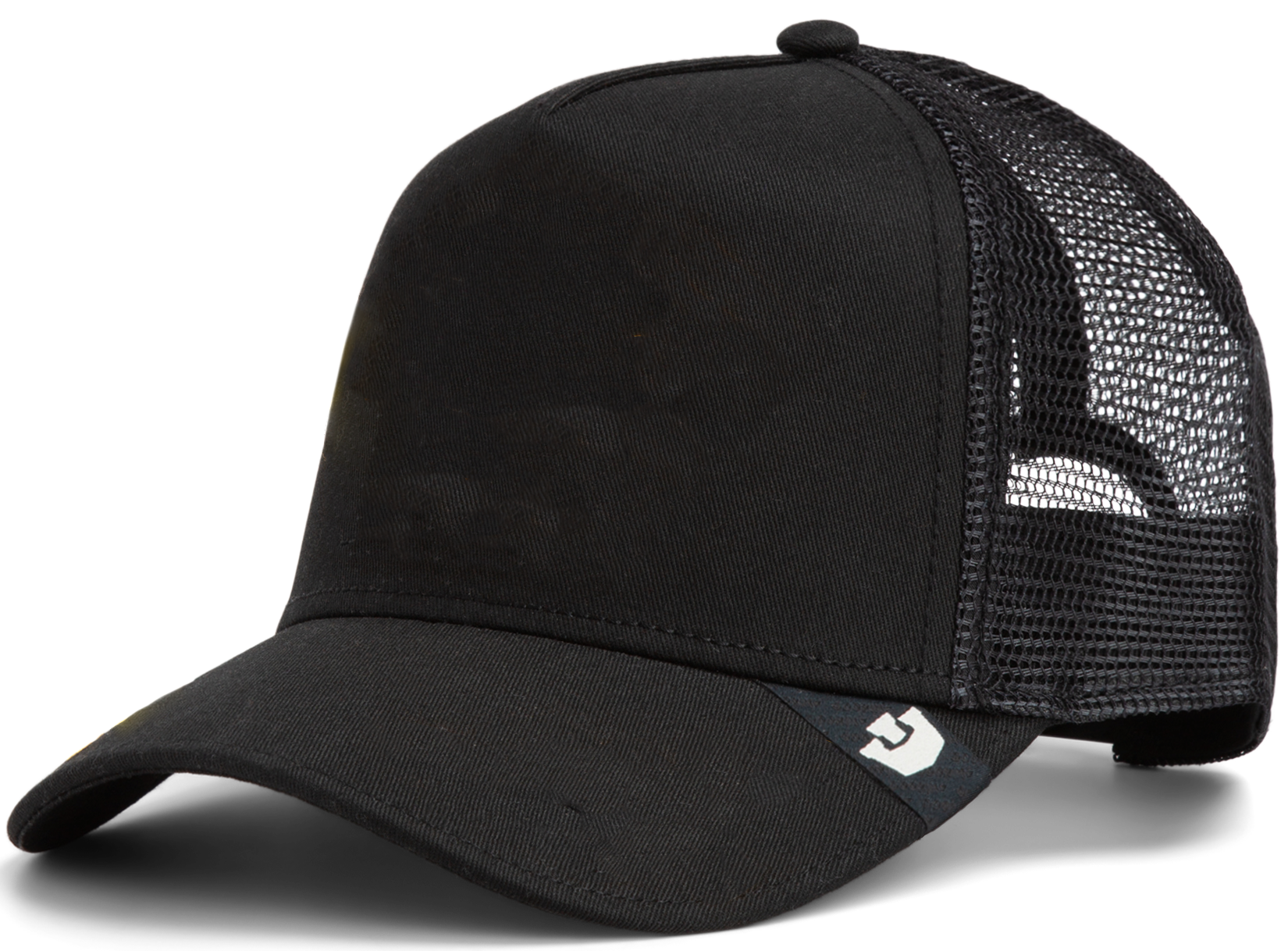A black trucker cap with a curved brim, solid fabric front, and mesh back panels, featuring a small white logo on the front left side—classic American made design for fans of quality trucker hats.