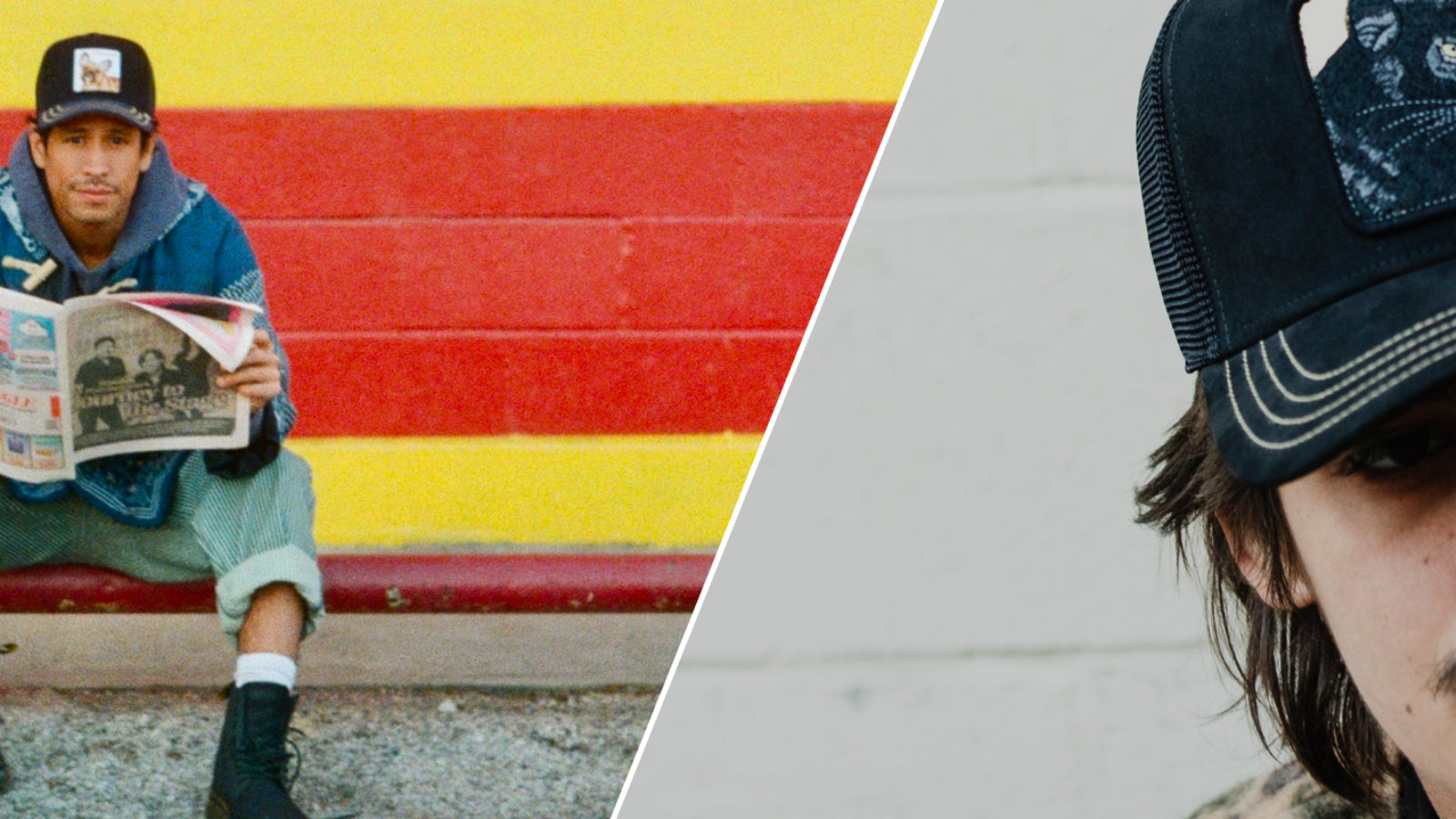 A man in casual clothes and a Goorin trucker hat sits on a curb reading a newspaper; the image is split with a close-up of another person wearing a similar cap.