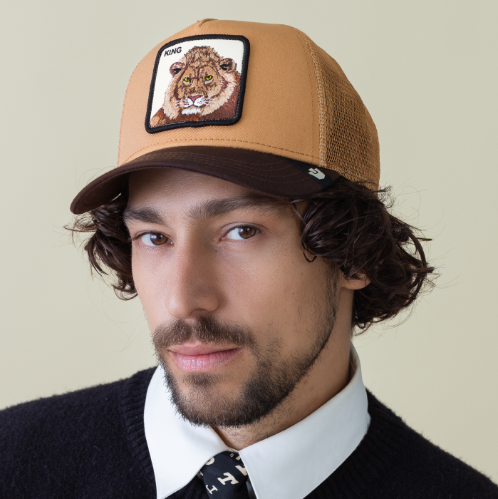 Man with wavy hair and facial hair wearing a Goorin brown mesh cap with a lion patch, a black sweater, white shirt, and patterned black tie, facing the camera against a plain background.