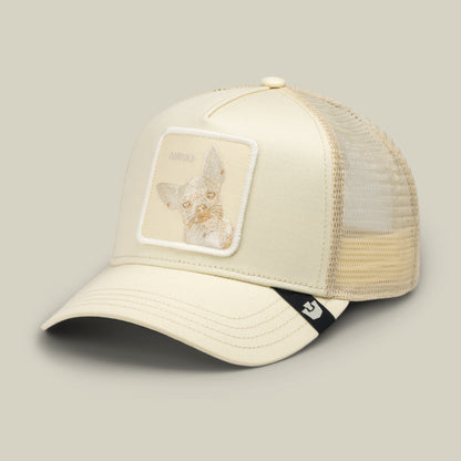 The Goorin Bros. Tonal Amigo is a cream mesh trucker hat with a structured front panel featuring a subtle animal patch and a black chin strap, shown in a studio product shot.