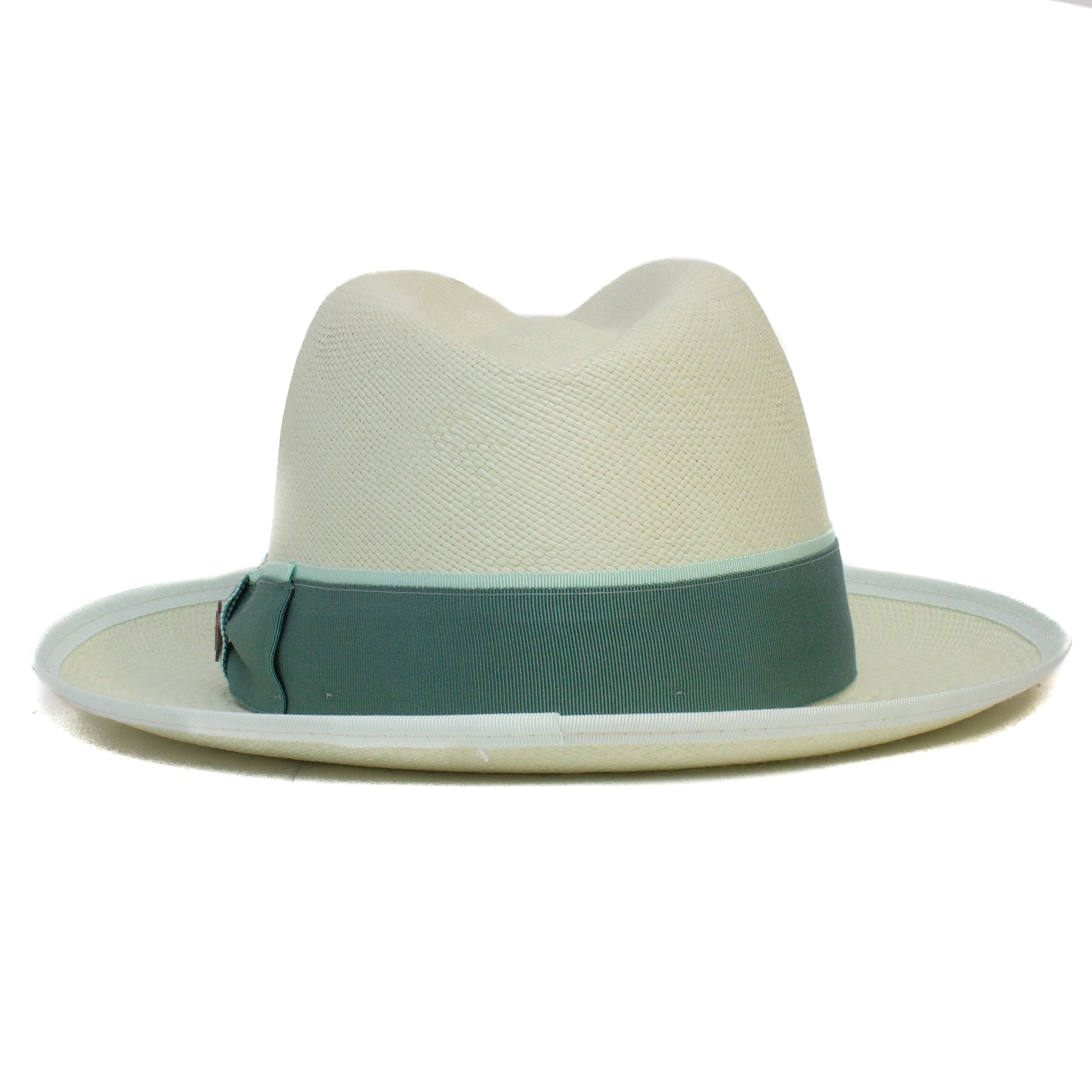 The Hartman by Goorin Bros. is a cream fedora with a wide brim and a light green grosgrain band around the crown's base.
