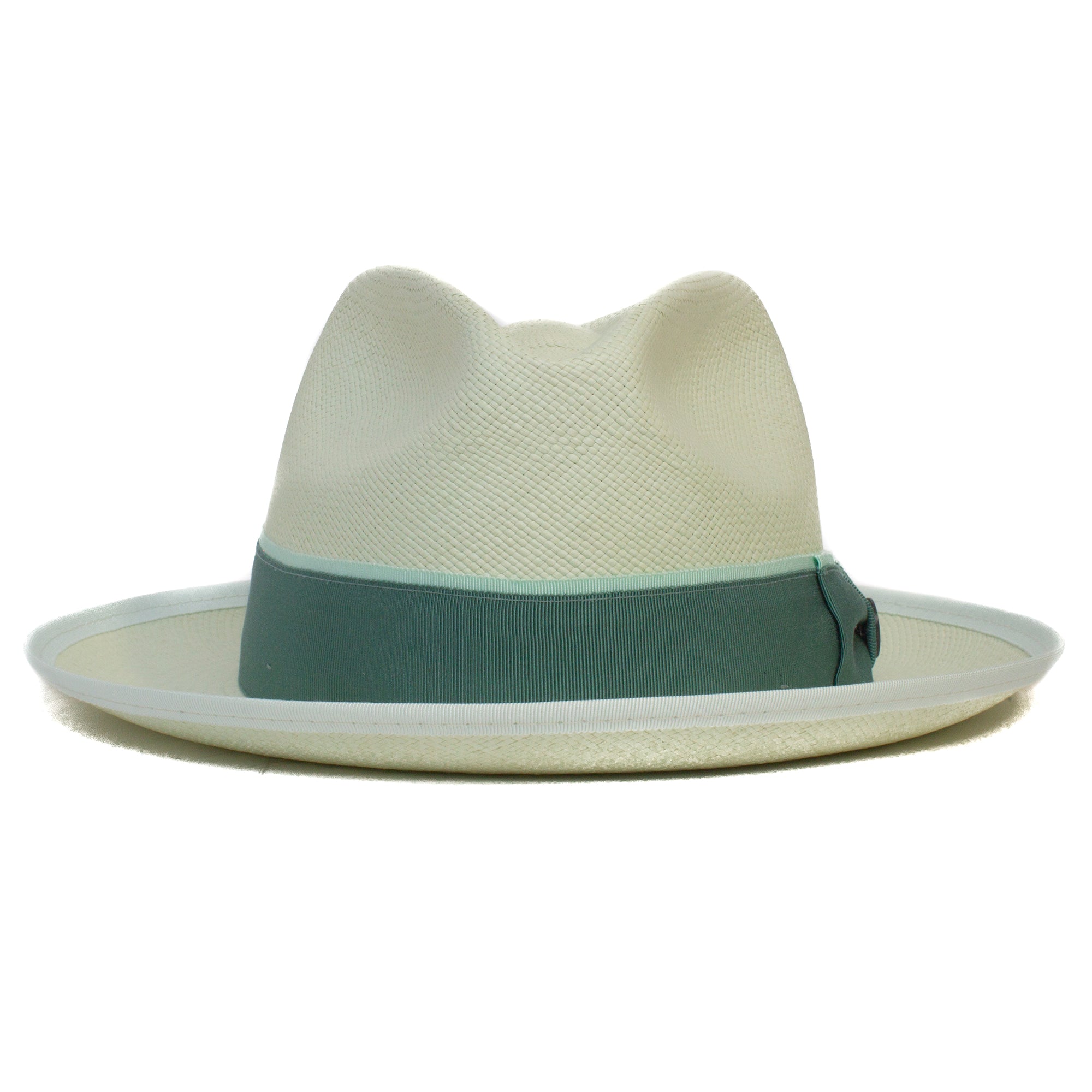 The Hartman by Goorin Bros. is a light-colored fedora with a wide, light blue grosgrain band and a subtly contrast-edged upturned brim, shown from the front.